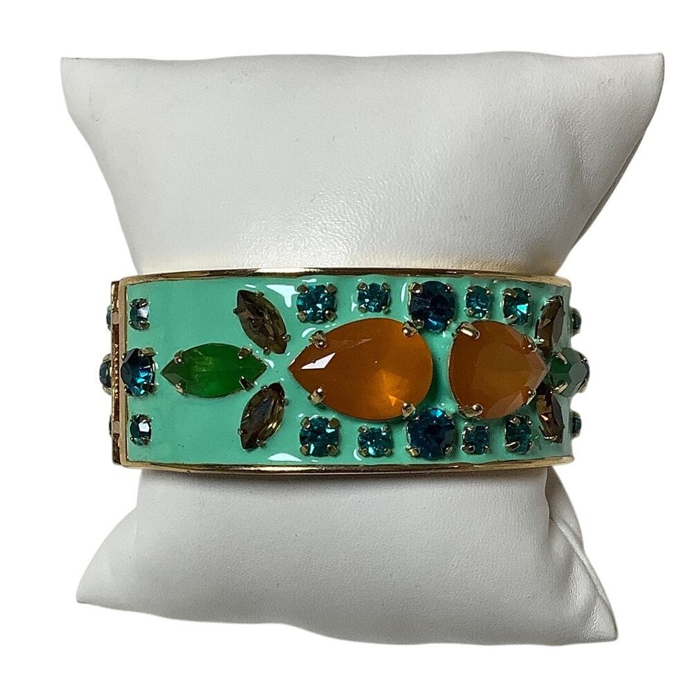 J Crew Gold Tone Mint Enamel Rhinestone Hinged Bangle Bracelet Statement F16-57